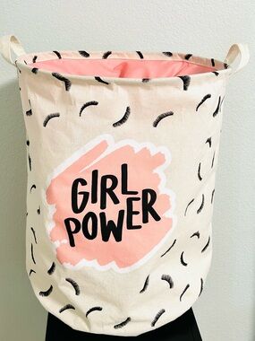 Clothes Hamper Pink Canvas Drawstring with 'Girl Power' Graphic Laundry Hamper